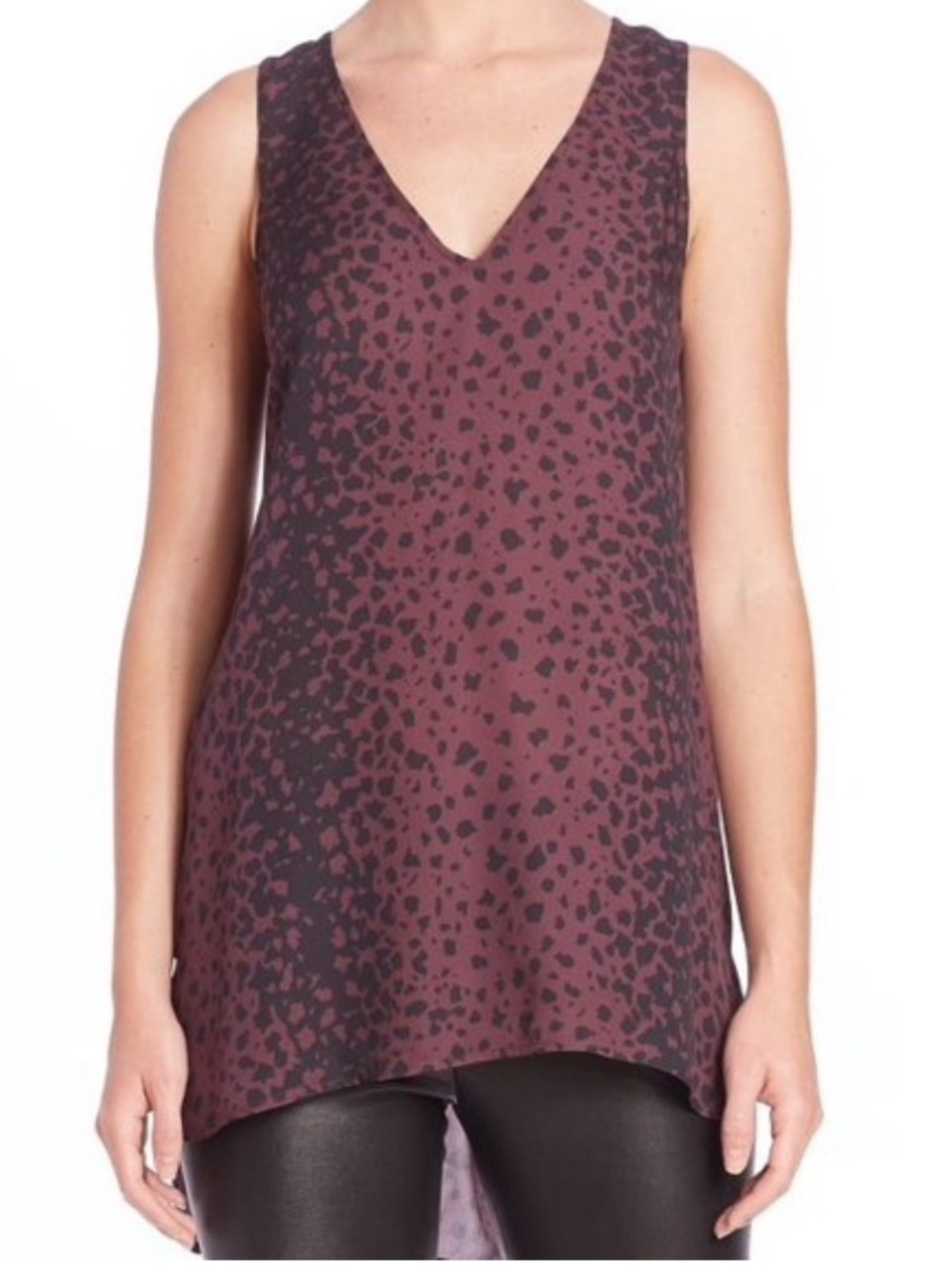Vince Sleeveless V-Neck Purple Leopard Print Silk Tunic Top - Wisteria Purple